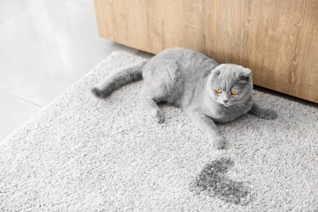 a cat peed on carpet and sitting beside