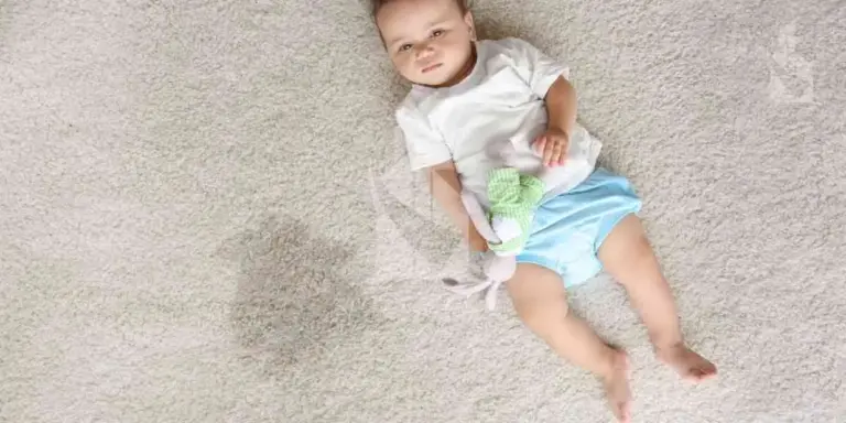 a kid lying on a carpet and a urine stain besides him on carpet.