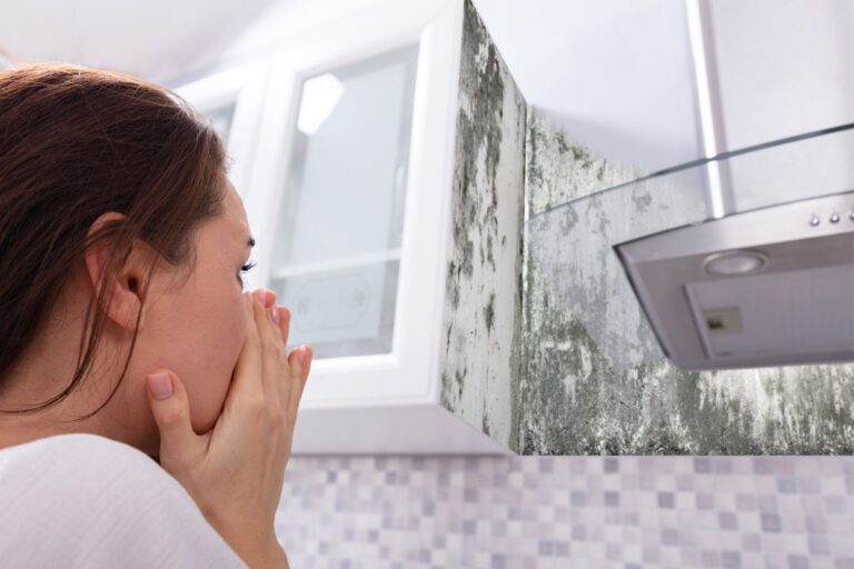 a woman getting worried after seeing mold on her wall.