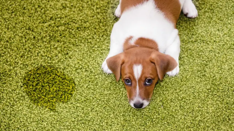 a dog standing sad beside the pee stain on the carpet.