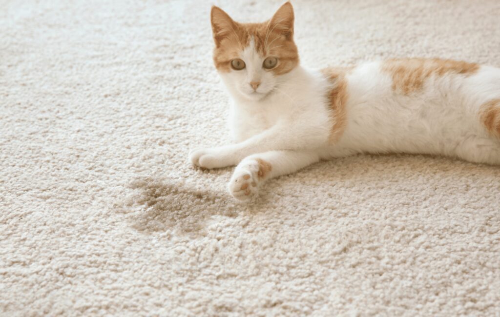 a cat sitting on carpet besides urine stain.