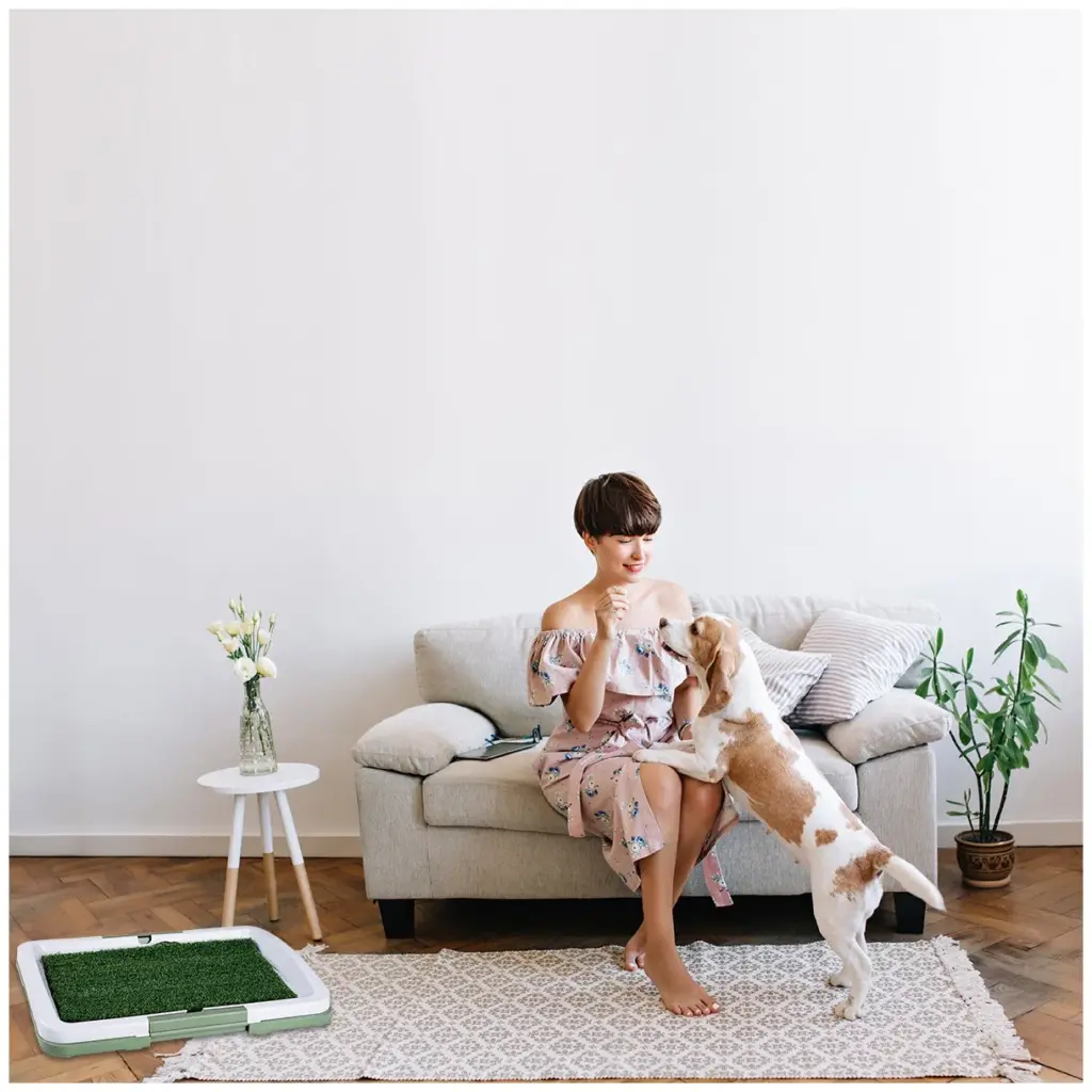 a dog is standing on an area rug and woman sitting on couch playing with her dog.